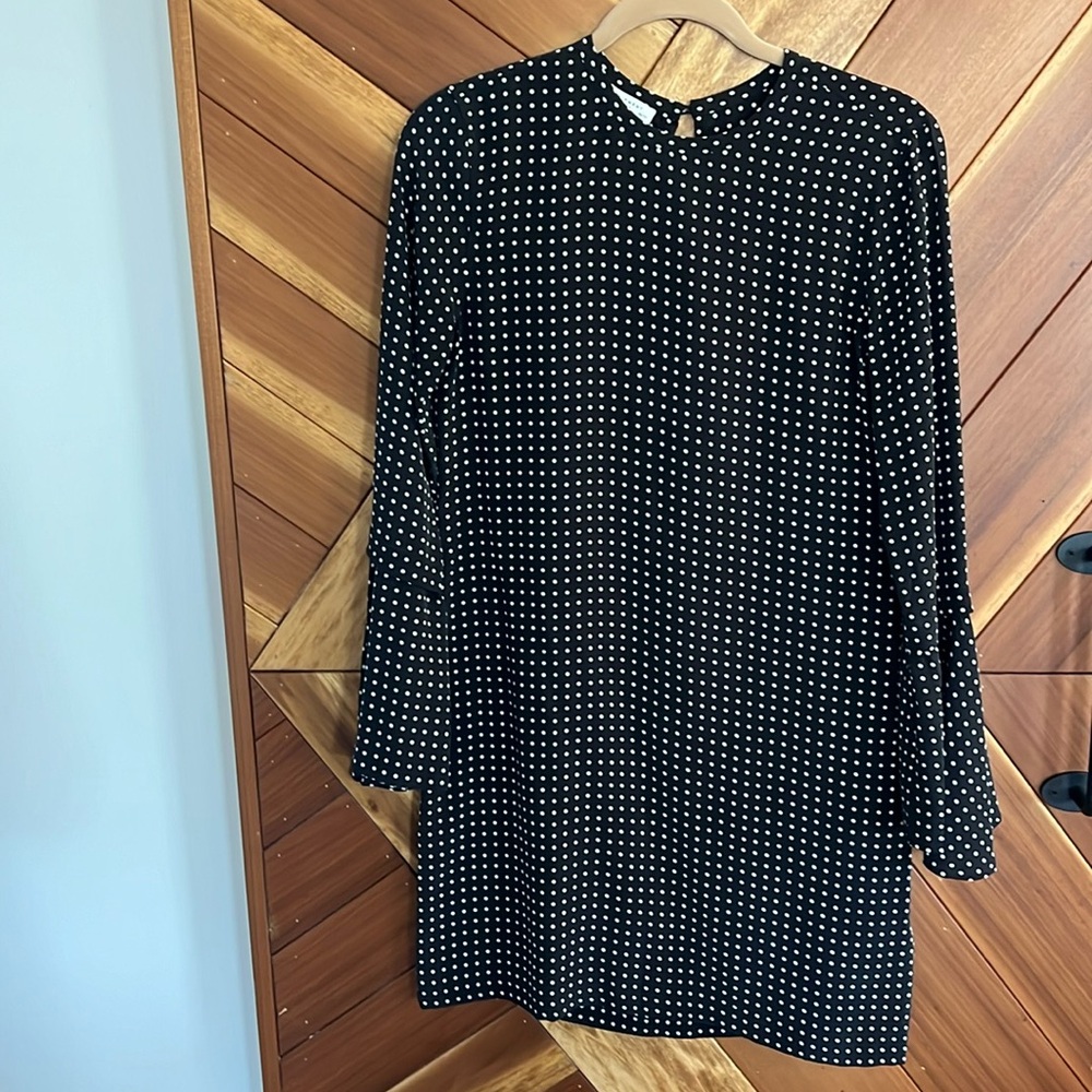 EQUIPMENT black with white polkadots, Silk shift Dress Long bell Sleeve, sz. XS